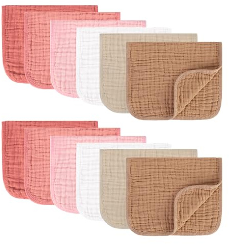 MIGIOL Muslin Burp Cloths 100% Cotton Pack of 12. Soft, Gentle & Absorbent Baby Burp Cloths for Baby Girl & Boys.(Pink & Coffee 12 Pieces)