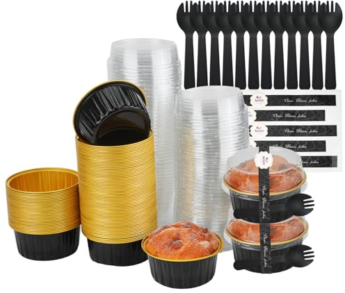 100 mini moldes de papel de aluminio, 150 ml, con 100 tapas, 100 cucharas y 100 pegatinas, reutilizables y redondos, moldes para tartas de pan, pasteles, fiestas, cumpleaños y bodas (5 oz)