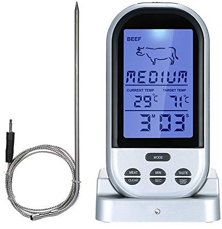 Nikou Wirel Meat Thermometer with Probe, LCD Display with Backlight, Countdown Function, Digital Remote Cooking Thermometer for Barbeque Grill Oven Kitchen, 1 Unit