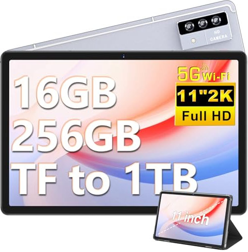 2025 Newest 2K+ Tablet 11 Pulgadas, 16GB RAM+256GB ROM(TF 1TB), Android Tablets 2000*1200 Pixels, 8-Core 2.0GHz, 4-Altavoces, Baterías 8600mAh, 5G WiFi, BT 5.0, GMS Certified Tablet con Funda - Gris