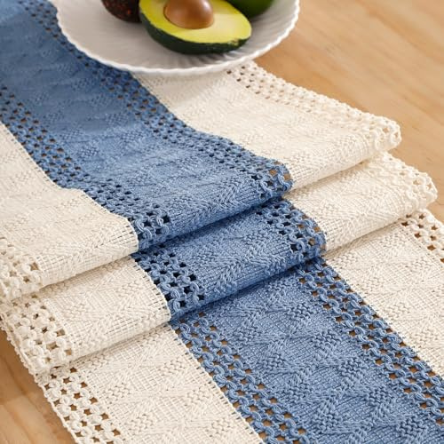 Runner Tavola Moderno Lino Cotone Centrino Rettangolare Macramè Boho Vintage Matrimoni Decorazione Table Runner per Doccia Nuziale di Nozze Tavola da Pranzo 30 × 183 Bianco Blu Petrolio