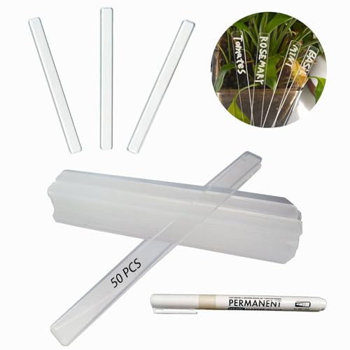 50 etiquetas acrílicas transparentes para plantas al aire libre, 12,5 x 1 cm, impermeables, marcadores de semillas y plantas, palos de nombre de plantas con bolígrafo de marcado permanente, ideal para
