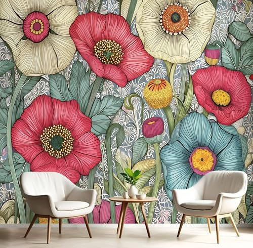 JEDTAKCT Papier Peint Panoramique Gris Argenté, Papier Peint Soie Motif Coquelicots Peints À La Main, Tapisserie Panoramique Salon, Décoration Murale Plantes Baroques Chambre Appartement, 250X175Cm