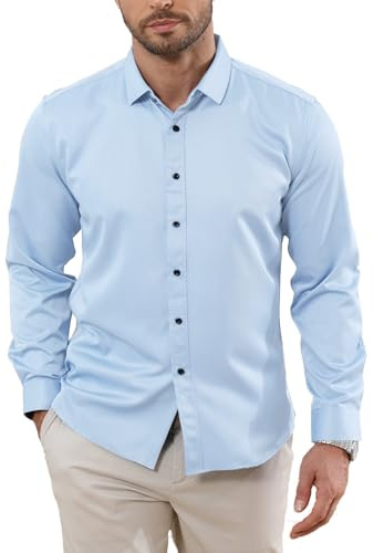 Halfword Shirts Men Long-Sleeve Formal Dress Shirt Business Wedding Work Non-Iron Double Cufflinks Stretch Regular Fit Lightblue XL