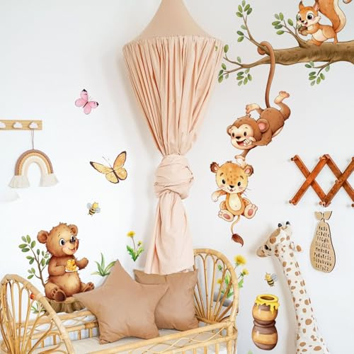 FUFUQUARE Waldtiere Wandaufkleber Niedlicher Bär Monky Schwingender Baum Ast Wandtattoos Vinyl abnehmbar für Baby Kinderzimmer Schlafzimmer Wohnzimmer Spielzimmer