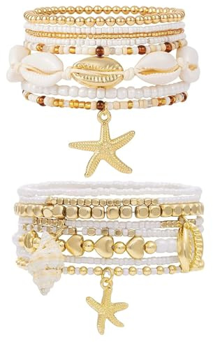 ZXTGBQ 16Pcs Chaîne Bracelets pour Femme, Boheme Empilables Fantaisie Coquillages Lot Bracelet, Bijoux Bracelet Coquillage,Réglable, Accessoires de Bijoux pour Plage Voyage