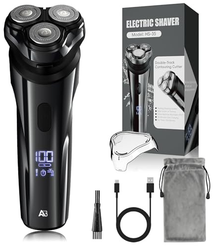 ABGAB Electric Rechargeable Shaver for Men,Wet & Dry Electric Razor, IPX7 Waterproof Rotary Shaver for Men,4D Floating Head, LED Display,Type-C, Travel-Friendly,Black