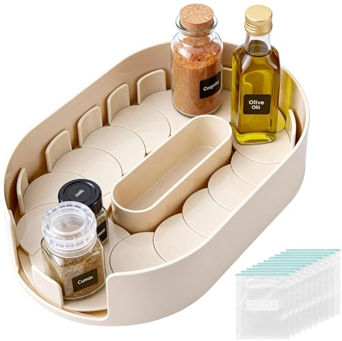 Drehteller kühlschrank Organizer Set,Drehbarer Organizer mit 10 Große Gefrierbeutel,360°Leichtgängig Drehbare Küchenaufbewahrungsbox für Schrank, Speisekammer,Küche,Arbeitsplatte,Kühlschrank