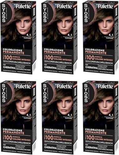 Syoss by Palette Colorazione Permanente 4-1 Castano, Colorazione capelli permanente con Cheratina, Tinta castano per copertura dei capelli bianchi, fino a 100 giorni di colore intenso, confezione da 6