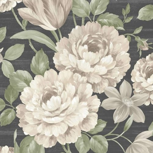 SOPHIE LAURENCE Cream & Black Floral Wallpaper – Textured Fabric-Effect Heavyweight Vinyl | Soft Green & Grey Flower Trail on Black | Feature Wall Wallpaper Roll 10m