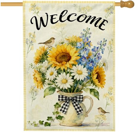 Drapeau de maison de tournesol, campagne rustique chrysanthème jacinthe jaune printemps double face toile de jute extérieur grand drapeau de jardin pour extérieur, terrasse, pelouse, entrée, camping