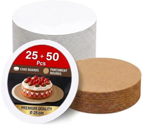 25 Piezas Bases para Tarta Redondas, 25 cm Soportes para Tartas Redondos | con 50 Hojas de Papel de Horno, Base Pastel Blanco Reutilizable para Pasteles,para Pasteles y postres de 6-8 Pulgadas