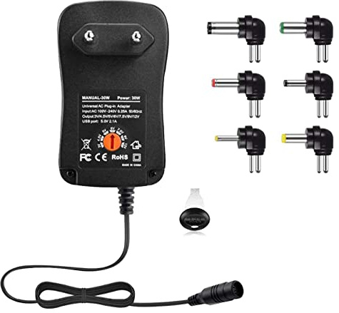 helpers lab Universal Conector de Fuente, 30W 3V-12V AC/DC Adaptador Fuente de alimentación conmutada Six Adaptor Plugs con Puerto USB 5V 2,1A