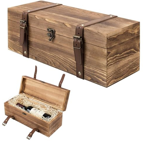 MyGift Wooden Wine Gift Box, Whiskey Box with Locking Latch & Leather Straps, for Christmas, Wedding Champagne, Beer,Vintage Rustic Brown, 14x5x5 Inches