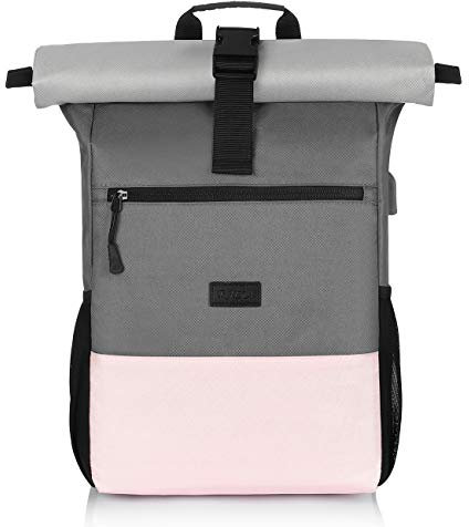 RJEU Uni Rucksack Damen,Schulrucksack Mädchen Teenager,Rolltop Rucksack Frauen mit 17 Zoll Laptopfach & Anti Diebstahl Tasche für Freizeit,Schule,Arbeit,Reisen (Rosa-26L)