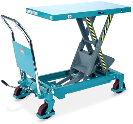 Ameise Scheren-Hubtischwagen | 750 kg Tragkraft | 990 mm Hubhöhe | 1.000x510 mm Plattform | Fahrbarer Hubtisch mit festem Bügel und Bremse | Fußbetriebene Hydraulikpumpe | Stahl | Türkisblau