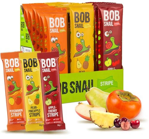 BOB SNAIL Confezione Regalo di Frutti Senza Glutine - 30 Spuntini Vegani Sani per Bambini e Adulti con Cachi Pera Ananas, Ciliegia e Mela Naturali - Barretta di Frutta a Basso Contenuto di Carboidrati