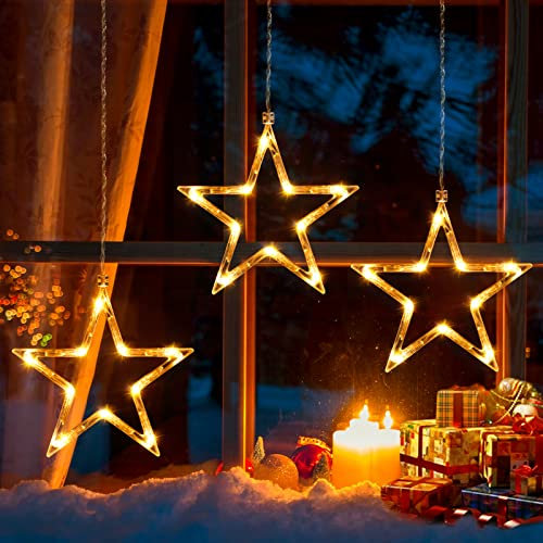 Ulinek Christmas Window Lights Indoor Outdoor, 3 Stars Lights 30 LEDs Battery Operated Timer for Hanging 8 Modes Warm White Star String Lights, Xmas Lights Decorative Light for Window, Door, Wall
