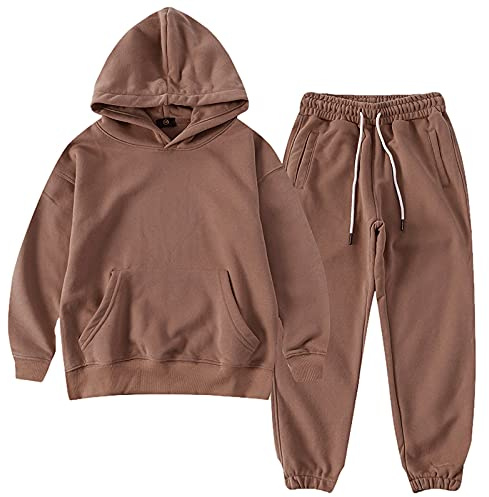 amropi Chándal Niños 2 Piezas Cálido Sudadera con Capucha y Pantalones Jogging Conjunto Ropa Café, 9-10 años