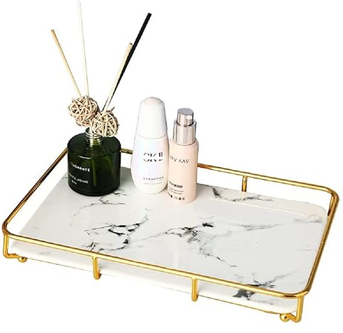 Dobbyby Vanity Tray Makeup Organizer Cosmetics Storage Bathroom Skincare Organizer Countertop Display Rack in Dresser Stainless Steel Shelf Marble Print Ceramic Trays