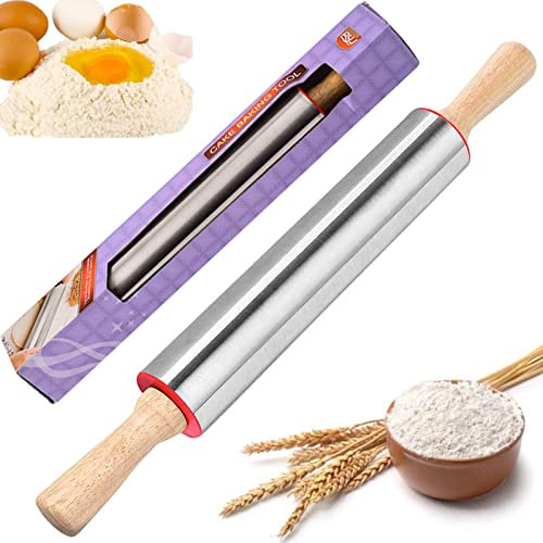Edelstahl Nudelholz Teigroller, Drehbare Teigrolle, Nudelholz aus Edelstahl mit Holzgriffen, Ausrollstab, Fondant Teigroller, Silikon Rolling Pin