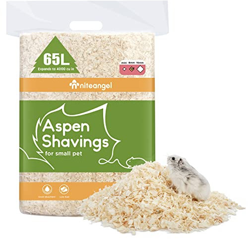 Niteangel Literie en Copeaux d'Aspen pour Hamster Syrien, Gerbille, Souris, Degu, Rat, Lapin, Lapin Nain, Cochon d'Inde, Chinchilla, Hérisson ou Autres Petits Animaux (65L - 8mm)