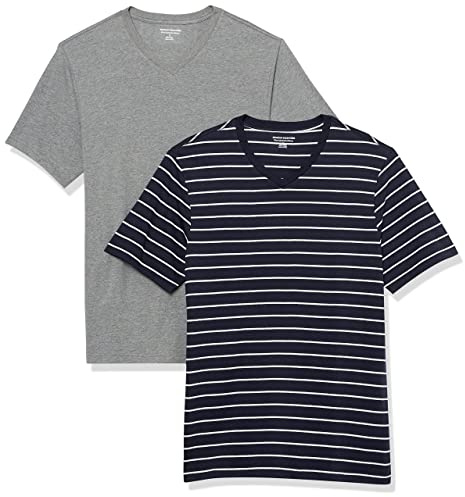 Amazon Essentials Camiseta de manga corta ajustada con cuello en V para hombre, paquete de 2, gris jaspeado/rayas azul marino, talla XL