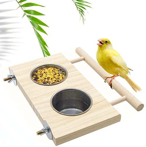 MISSFOX Papagei Futterschale Edelstahl Vogelnapf Vogel Futternapf mit Holzständer Fütterungsschale für Wellensittiche Sittich Nymphensittiche (Doppelt Slot)