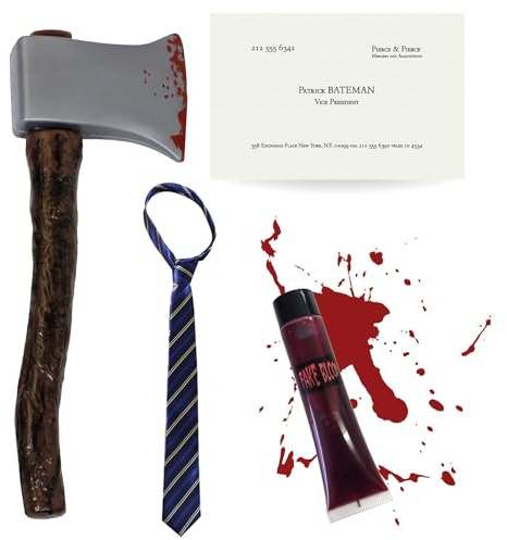 Patrick Bateman Kostüm Zubehör-Set – Blühende Axt + blaue Krawatte + Visitenkarte + falsches Blut – Erwachsene American Psycho-TV & Film Charakter Halloween Kostüm
