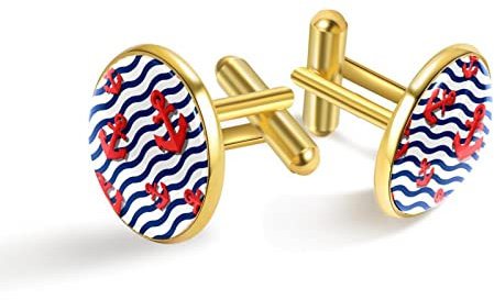 Personalisierte Gold Manschettenknöpfe für Smoking Hemd Blaue Welle und Rote Anker, 20mm*20mm, Edelstahl, Künstlicher Quarz