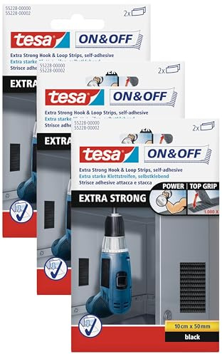 tesa On & Off Extrastarke Klett Klebepads - Selbstklebende Klettstreifen zum Befestigen schwerer Gegenstände, extra stark - Schwarz - 10 cm x 5 cm - 2 Stück, 3er Pack