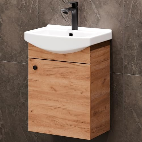 Planetmöbel Badmöbel Set Waschtisch mit Unterschrank 45 x 60 x 33 cm | Waschtischarmatur schwarz für Badezimmer, Gäste WC & Bad, Gold Eiche