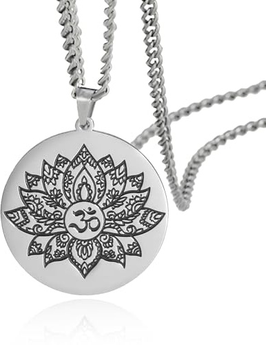 SIPURIS Lotusblume Halskette für Männer Frauen Om Ohm Symbol Yoga Buddhistischer Anhänger Edelstahl Vintage Mandala Anhänger Halskette Spirituelles Schmuck Geschenk Kein Edelstein (Lotus/Silber2)