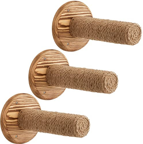 NOVECRAFTO Round Wall Mounted Cat Steps – Set of 3 Natural Wood Sisal Rope Post Steps (9.4 L x 2.7 D) – Solid Wood Cat Wall Furniture, Durable Stepper Shelves with Traction Rope for Climbing