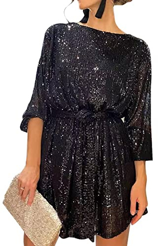 FeMereina Women Long Sleeve Sequins Glitter Dress Party Sparkle Loose Fit Shift Mini Short Dress with Belt (Black, L)