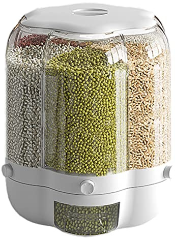 9L 6 Grid Rotatable Rice Dispenser Sealed Grain Food Storage Box Food Grain Storage Container Kitchen Storage Bucket (White 18 pounds of Transparent Pets to Increase)