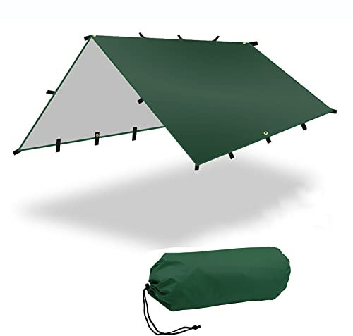 SLDAGe Camping Tarp Wasserdicht 4x4M, Ultraleicht Tragbare Camping Zeltplane mit Silberbeschichtung, Anti-UV Schnee Regen Sonnen Schutz, für Hängematte, Outdoor Aktivitäten,Grün