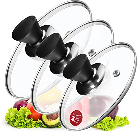 KADAX Lot de couvercles de casserole universels en verre avec poignée, résistants à la chaleur, différentes tailles, couvercle en verre pour casserole, poêle (16 + 18 + 20 cm, poignée noire mate)