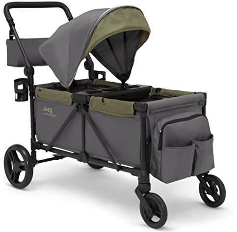 Jeep Sport All-Terrain Stroller Wagon by Delta Children - Includes Canopy, Parent Organizer, Adjustable Handlebar, Snack Tray & Cup Holders, Grey/Olive Green