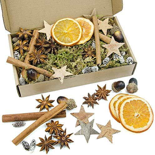 52 StüCk Potpourri Weihnachten Weihnachtsdeko Adventskranz Deko Set, Natur Dekoration Mit Natur Kokossterne Orangenscheibe, Zeder, Anis, Zimt, Eichel, Zartes Gelbes Moos Deko Weihnachten Potpourri