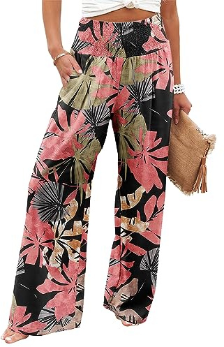 Floral Pants for Women High Waisted Business Casual Wide Leg Pants Work Pants Loose Flowy Summer Beach Pants BlackCoral XL