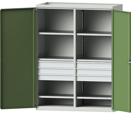 eurokraft | Schwerlastschrank Jumbo aus Stahlblech | 6 Fachböden | 6 Schubladen 120 mm hoch | lichtgrau/resedagrün