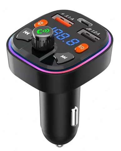 LAPOOH Transmetteur FM Bluetooth pour Voiture - Double Port USB et Chargeur de Voiture PD Type-C, RéTroéClairage LED 7 Couleurs, Lecteur de Musique MP3