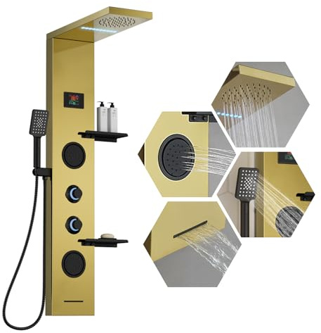 Homevacious 4 In 1 Shower Panel System with Shelf,LED Rain Shower Head and Adjustable Massage Body Jets,3 Functions Handheld Head and Tub Spout,Stainless Steel Bathroom Shower Fixtures,Polished Gold