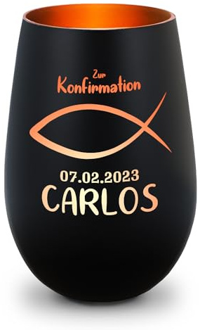 GRAVURZEILE Deko Windlicht aus Glas mit Gravur - Fisch - Zur Kommunion Konfirmation & Taufe - Personalisiert mit Anlass Name Datum - Personalisierte Geschenke für Mädchen & Jungen - Schwarz/Bronze