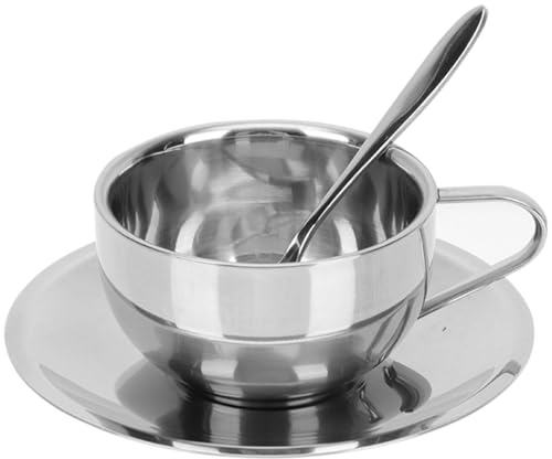 HOMSFOU Edelstahl Kaffeetasse Set Mit Untertasse Und Löffel Teetasse Für Kaffee Tee Wasser Milch Und Saft Für Zuhause Büro Café Und Restaurant 5.12 Zoll