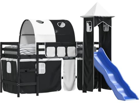 vidaXL Kinderhochbett, Hochbett mit Turm Rutsche, Spielbett Bett für Kinder ab 6 Jahren, Kinderbett Etagenbett Stockbett, Weiß Schwarz 80x200cm Kiefernholz
