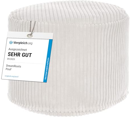 DreamRoots Cord Pouf Hocker rund 50x50x35 cm, White Dove | Runder Bodenstuhl, Sitzkissen Boden, 380 g/m², für Wohnzimmer, Schlafzimmer & Homeoffice, waschbar, Fußhocker