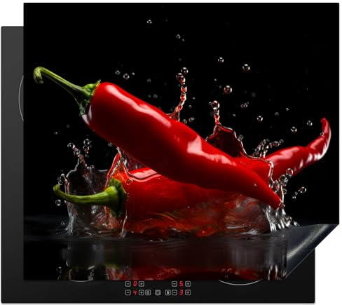 KitchenYeah© Herdabdeckplatte Einteilig Ceranfeld Abdeckplatte Küche Deko | 58x51 cm - Ceranfeldabdeckung Herdabdeckung Induktionsmatte Paprika - Rot - Schwarz - Wasser - Gemüse