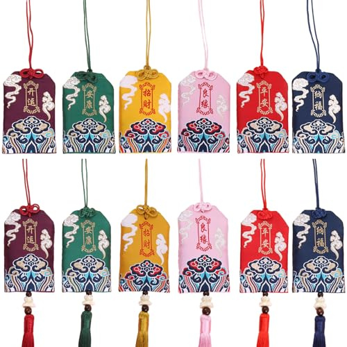 12 Pezzi Portafortuna Giapponese Borsa, Amuleto Giapponese, Portafortuna Borsa Benedizione, Sacchetto di Benedizione, per Piante in Vaso, Specchi Auto, Porte